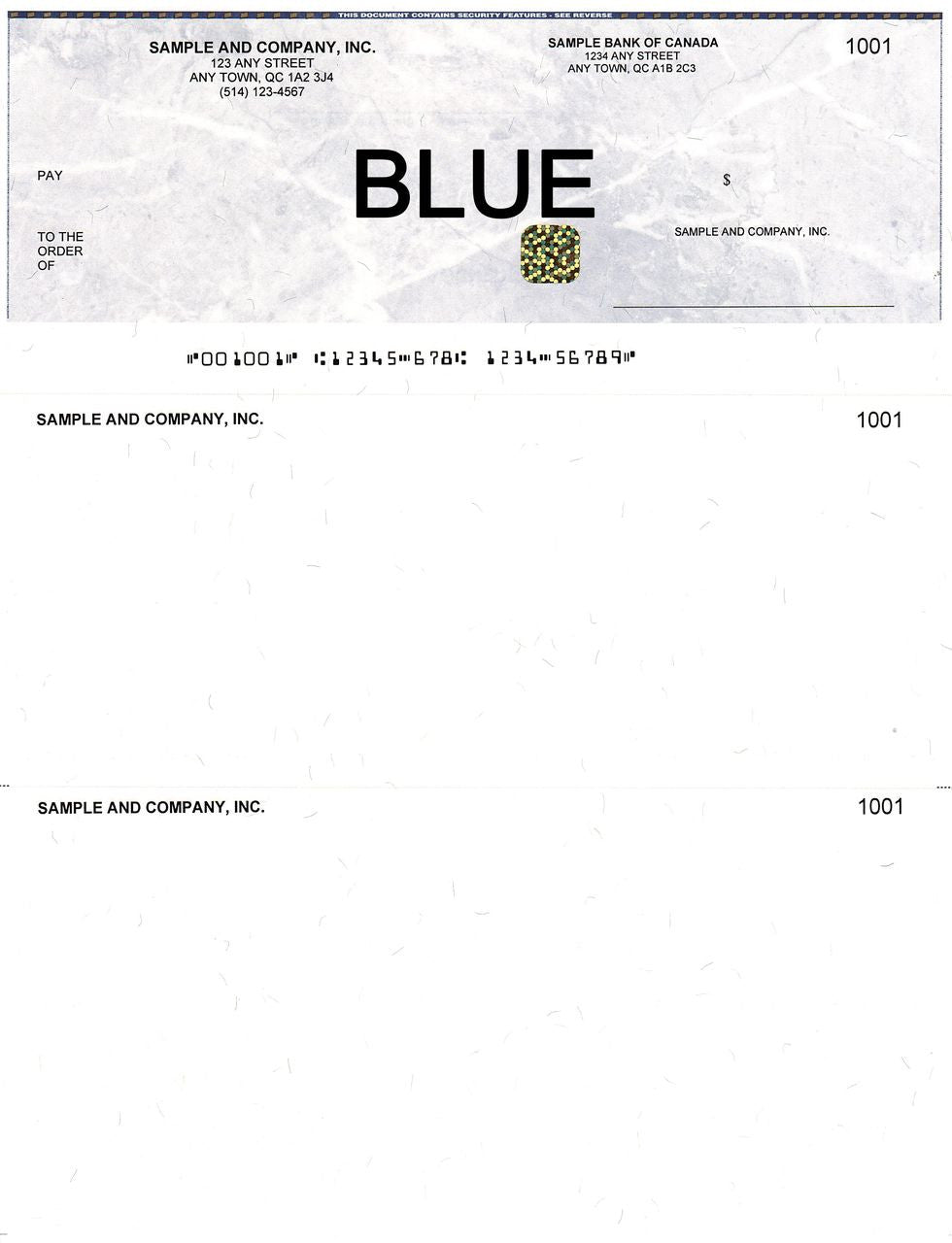 Blank Computerized Cheques Blue with Security Box,bee banner