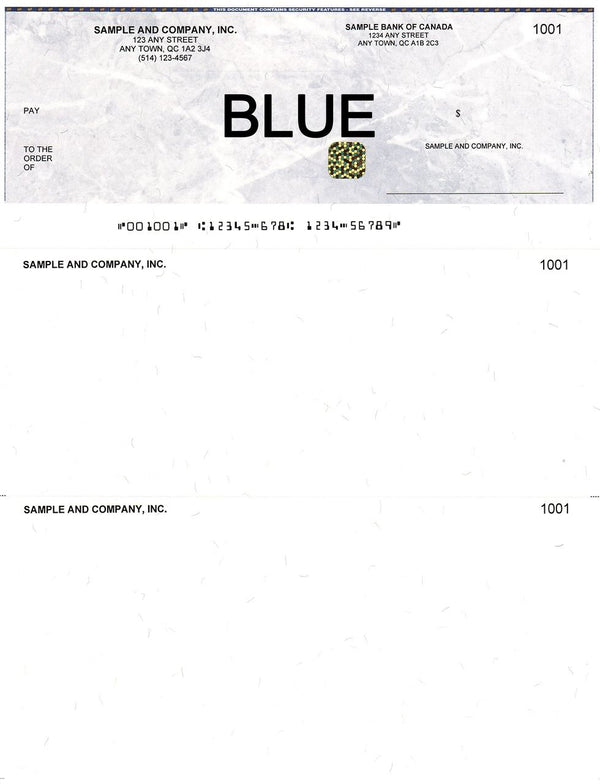 Blank Computerized Cheques Blue with Security Box,bee banner