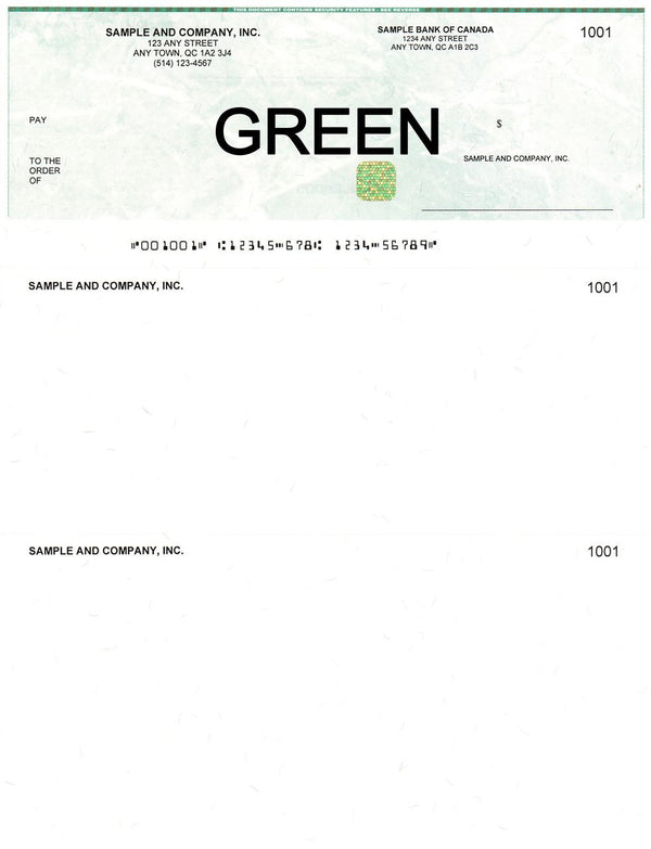 Blank Computerized Cheques Green with Security Box,bee banner