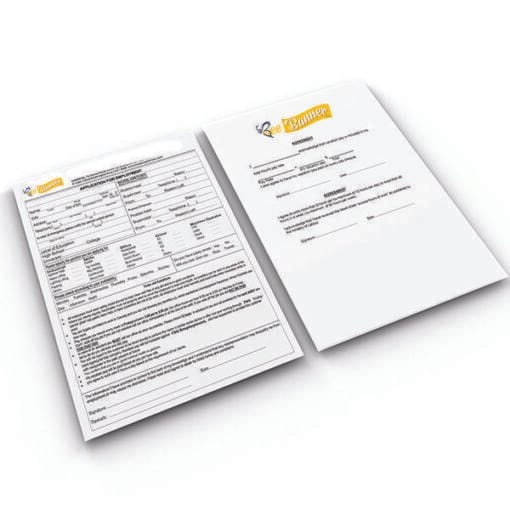 alt attribute: "uncoated application forms - 60lb offset - document templates - product image"